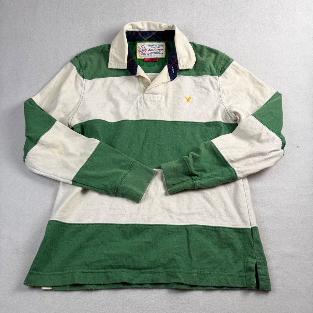 American Eagle Mens XS Green White Striped Long Sleeve Rugby Shirt Sportswear
